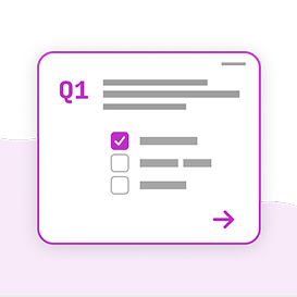 A template question card displays a progression bar through a survey. It also features space for a customized prompt and a multiple-choice selection for responses.
