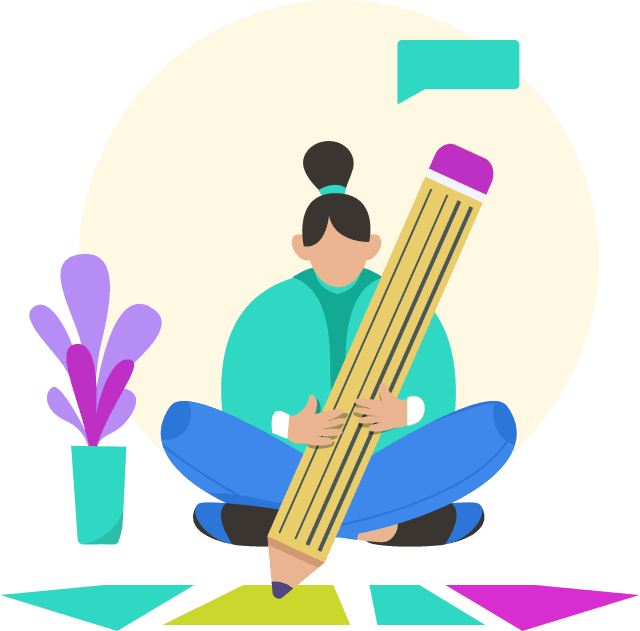 Person sitting cross-legged holding a comically large pencil.