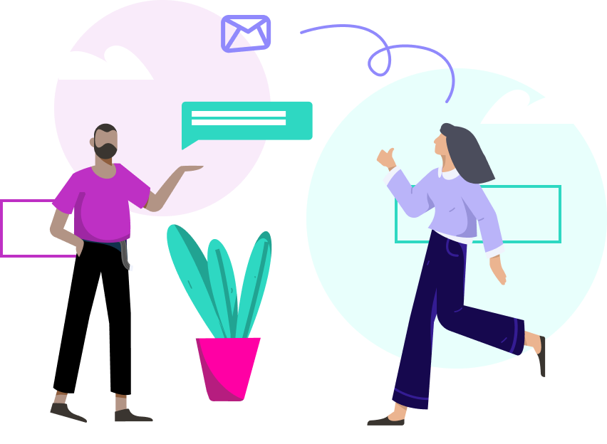 Two people with text messaging bubbles and email icons floating in the air around them.