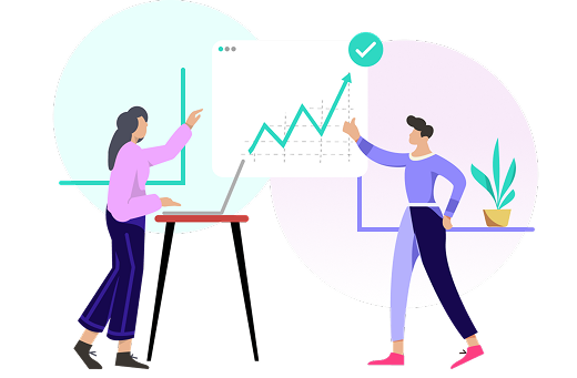 Two people looking at a chart showing improvement.